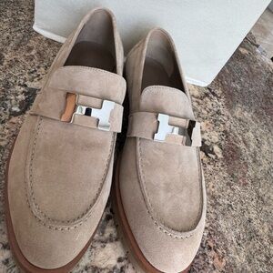 Hermes Beige Suede Loafers with Metallic Detail